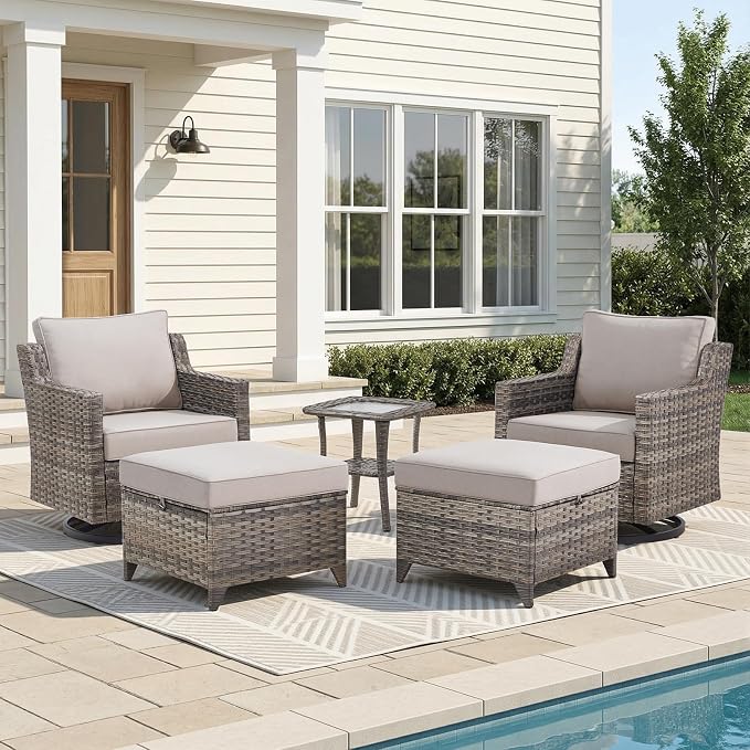 Belord Patio Wicker Swivel Rocker Patio Chairs with Side Table, Outdoor Rattan Chairs for Deck Porch Garden, 5 Piece Luxury Patio Furniture Set, Beige