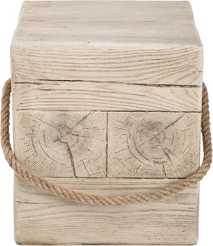 Outdoor Side Table, Small Patio End Table with Faux Wood Grain & Braided Rope Accent, MGO Weatherproof Indoor Outdoor Accent Table for Porch Balcony Garden, No Assembly, 14.8 Inch Square