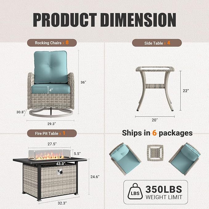 13Pcs Patio Rocking Swivel Chair with 55,000 BTU Fire Pit Table Outdoor Wicker Rattan Bistro Set with Tempered Glass Side Table, Patio Furniture Set for Garden and Balcony, Light Blue