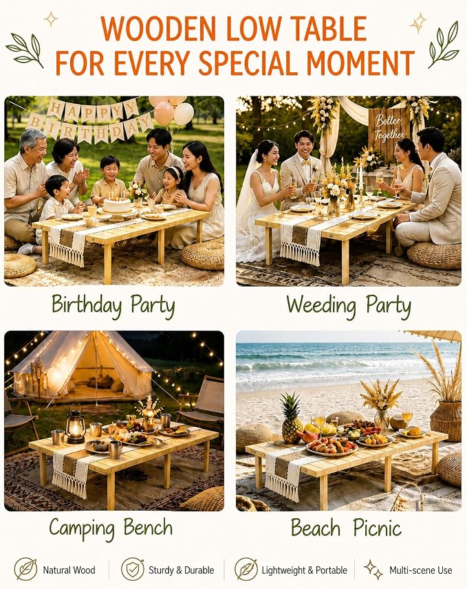 Folding Picnic Table, 60 x 30 in Solid Wood Boho Low Picnic Table with Table Runner, Portable Foldable Floor Table with Adjustable Height for Beach, Camping, Backyard, Wedding & Outdoor Parties