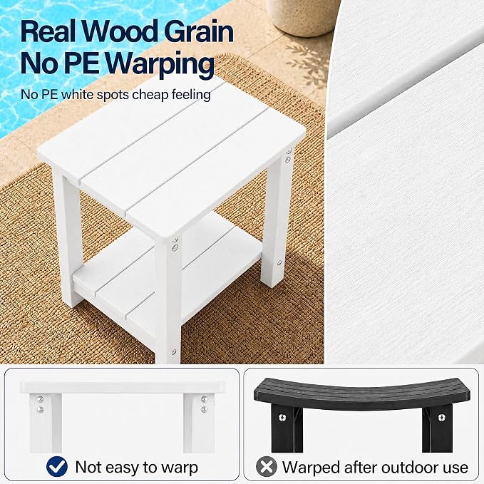 MXIMU Outdoor Side Table 2 Tier: Heavy-Duty Sturdy Warp Resistant Adirondack Table - Wood Grain Finish Outdoor End Tables - Easy Assembly & Low Maintenance Patio Side Table White
