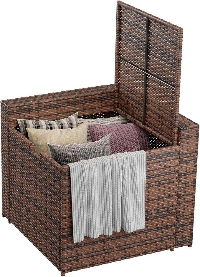 Aoxun Outdoor Wicker Storage Coffee Table, All-Weather Side Table with Waterproof Cover, for 25.8" High-Back Sofas Brown