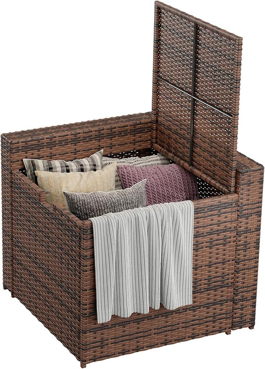 Aoxun Outdoor Wicker Storage Coffee Table, All-Weather Side Table with Waterproof Cover, for 25.8" High-Back Sofas Brown