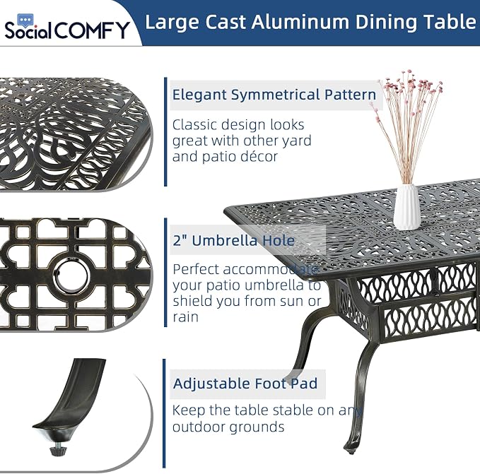 9-Piece Patio Cast Aluminum Dining Set, Outdoor Table and Chairs Set for 8, Includes 94.5" Rectangular Dining Table and 8 Chairs with Umbrella Hole, Patio Furniture Set for Lawn Garden
