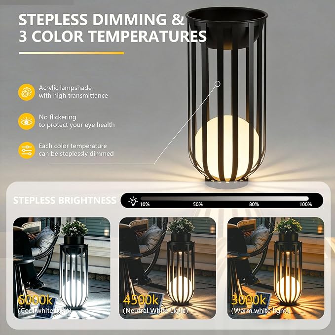 Solar Powered Patio End Table,LED Sphere Light, Remote & Detachable Solar Panel,All Weather Resistant Plant Stand for Backyard Outdoor Decor