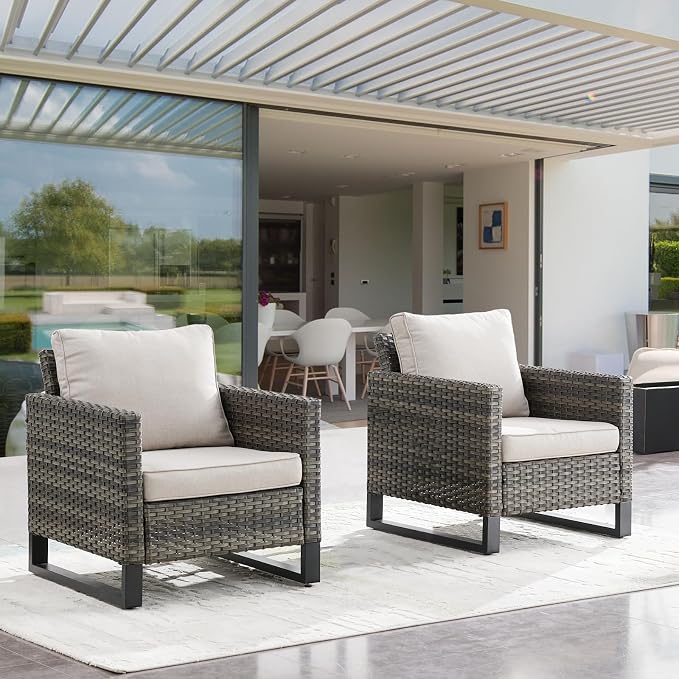 Rilyson Luxury Wicker Outdoor Patio Chairs Set of 2-Classic Rattan Chairs Water Resistant,Comfortable Cushions and Sturdy Metal Frame for Outside Porch Deck Backyard(Mixed Grey/Beige)