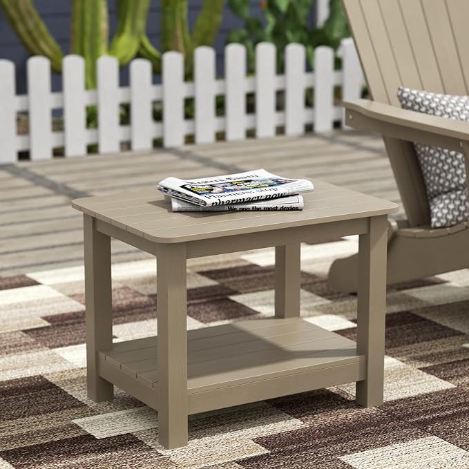 WestinTrends Tuscany Outdoor Side Table, All Weather HIPS 2 Tier Adirondack Small Patio Table with Storage, Taupe
