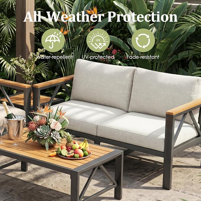 INGEROOM Aluminum Outdoor Patio 2 PCS Armchair Set, Washable Thick Cushions, All-Weather Modern Metal Furniture for Garden, Backyard, Porch, Oatmeal