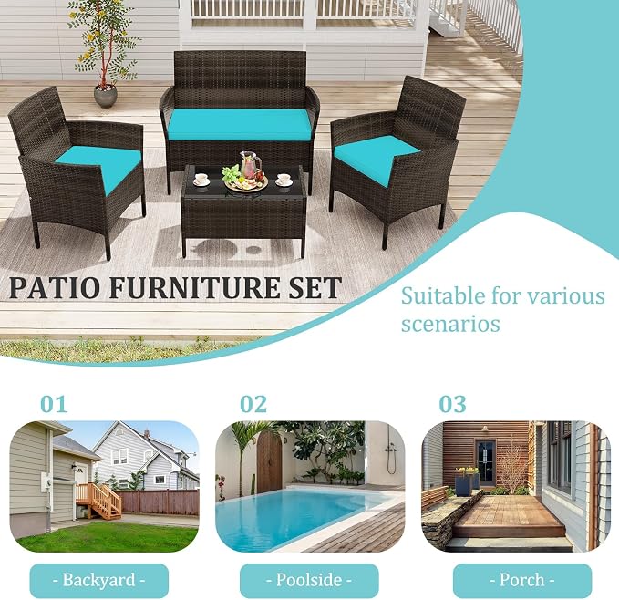 4 Piece Patio Furniture Set, Sectional Conversation Sofa Set with Glass Coffee Table, Cushions & Loveseat, Wicker Outdoor Table and Chairs for Pool, Garden, Deck, Backyard (1, Turquoise)