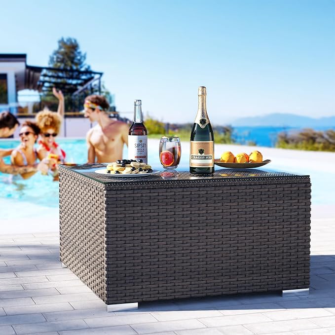 COSIEST Outdoor Furniture Brown Wicker Glass-Top Coffee Table for Expanding Sectional Sofa Set for Garden, Pool, Backyard