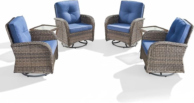 Outdoor Swivel Glider Rocker Chairs Set of 4 - Wicker Patio Furniture Set All Weather Patio Conversatio Sets with 2 Tempered Glass Side Table for Deck Backyard - Brown Wicker Blue Cushion