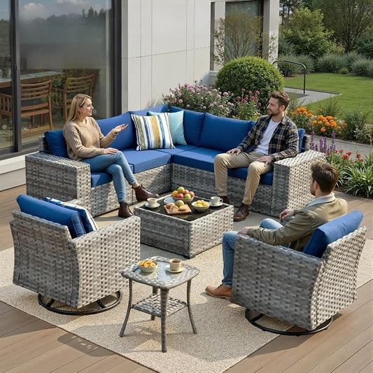 9 Pieces Patio Furniture Set, Wicker Outdoor Sectional Sofa with Swivel Chair Comfy Cushions, Modern Modular Deep Seat Rattan Couch Conversation Set for Backyard Porch Yard,Navy Blue