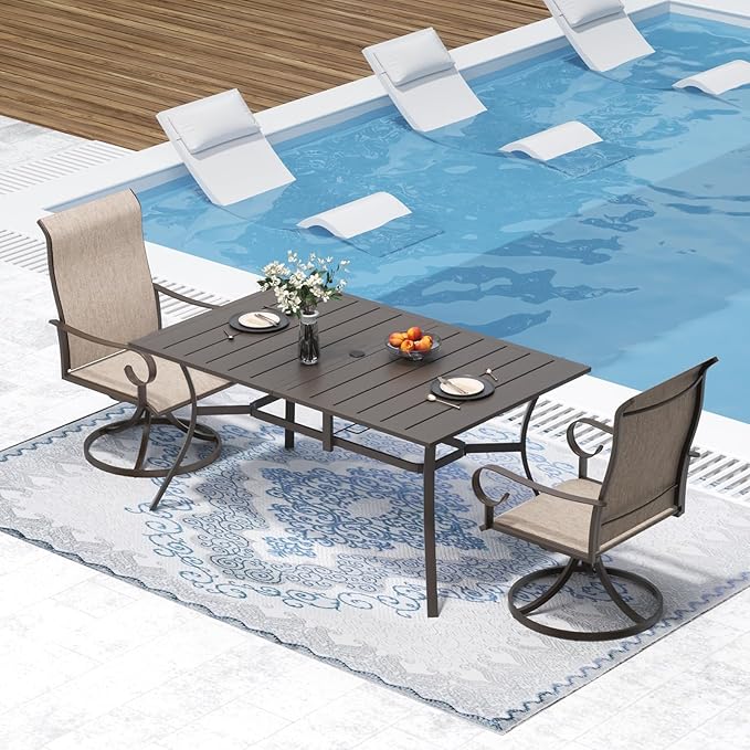 Outdoor Metal Steel Rectangle Patio Dining Table, 6 Person Patio Table with Adjustable Umbrella Hole, Weather-Resistant for Garden Backyard Porch, Dark Brown