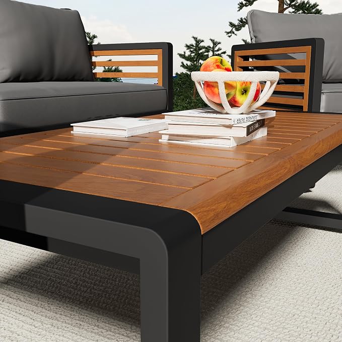 Large 4-Piece Outdoor Furniture Sofa Conversation Set for 5 Person, Garden Sofa with Removable Cushions, Metal and Wood Frame, Acacia Wood Tabletop in Gray