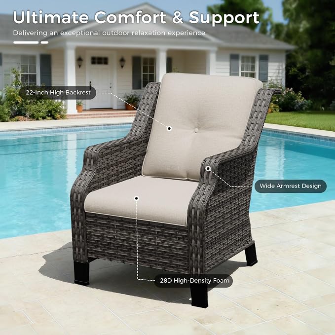 Outdoor Patio Chairs Set of 2, Wicker Patio Furniture with Thick Cushions, Curved Armrest, Deep Seating, Rattan Outdoor Chairs for Porch, Deck, Balcony