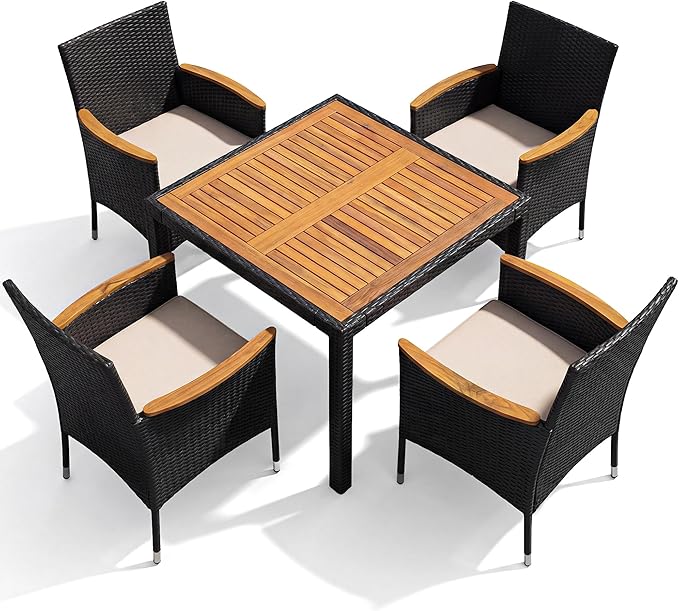 Devoko 5 PCS Furniture, Patio Conversation Set with Acacia Wood Top, Rattan Outdoor Dining Table and Chairs for Backyard, Garden, Deck, Black