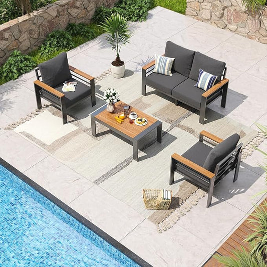 Aoxun Aluminum Patio Furniture Set 4 Seats, Oversized Outdoor Sectional with Washable Cushions, Coffee Table, Patio Conversation Sets for Porch, Balcony, Deck, Dark Gray