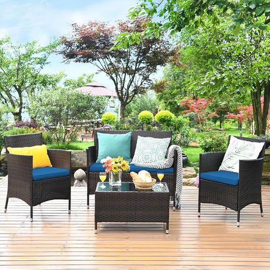 4 Pieces Patio Sofa Set, Wicker Conversation Set with Ergonomic Curved Backrest, Rattan Furniture Set with Water-Resistant Cushion & Tempered Glass Table for Balcony, Porch (Peacock Blue)