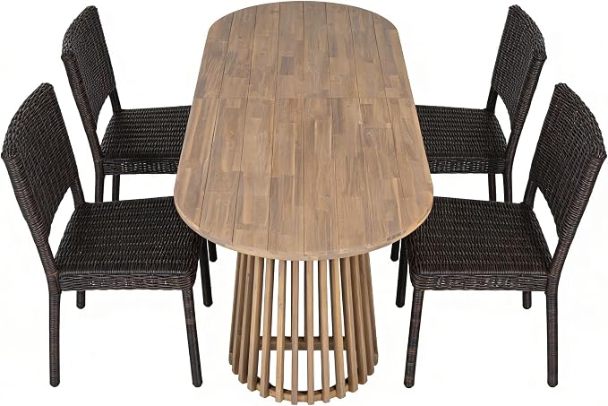 Christopher Knight Home Farley Acacia Wood Outdoor Dining Set for 4, 5 Piece Patio Dining Table and Chair Set, Faux Rattan Outdoor Dining Chair and Table Set, Teak+Light Brown