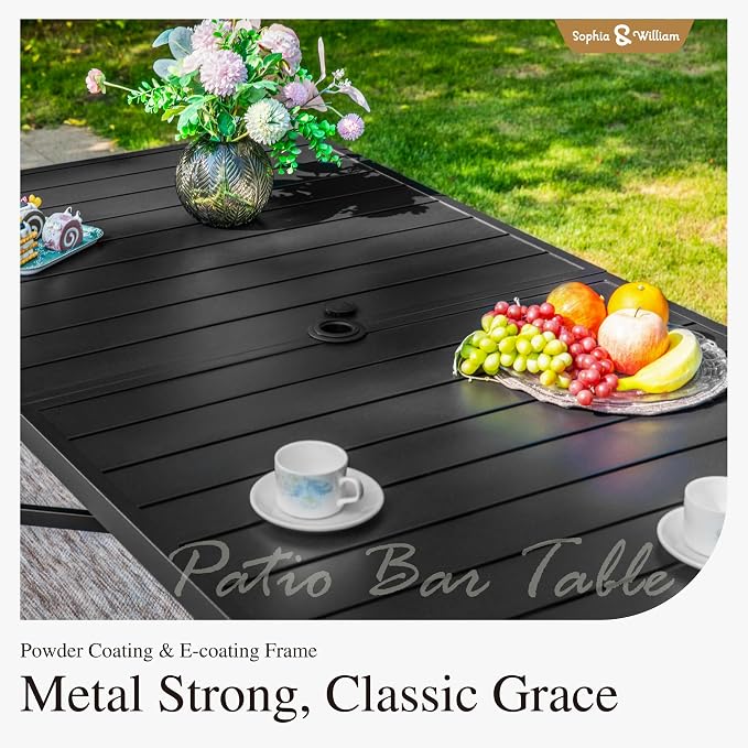 Sophia & William Outdoor Patio Bar Table Metal Bar Height Table Rectangular Dining Table with Umbrella Hole for Garden, Backyard, Lawn and Poolside, 66.9''W x 35.4''D x 39.8''H