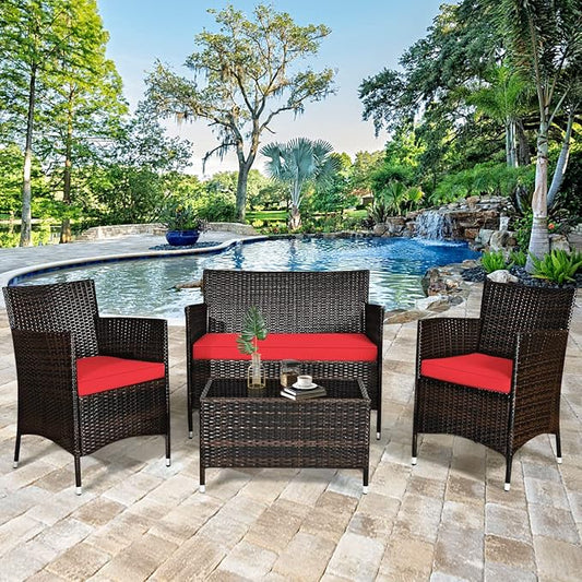4 Pieces Patio Sofa Set, Wicker Conversation Set with Ergonomic Curved Backrest, Patio Rattan Furniture Set with Water-Resistant Cushion & Tempered Glass Table for Balcony, Porch (Red)