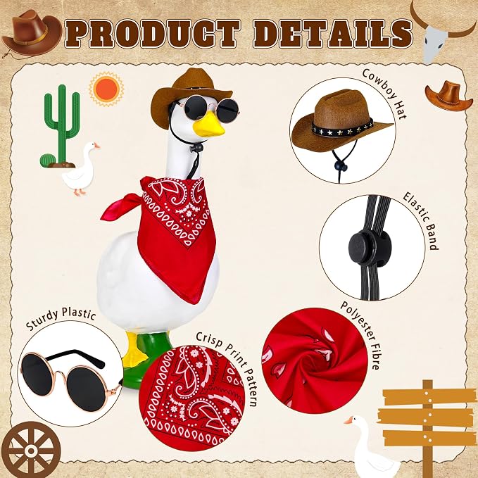 Western Cowboy Porch Goose Outfits, Funny Porch Geese Outfits Goose Costume Clothes for 17''/23" Lawn Cement Plastic Geese Outdoor Statue with Cowboy Hat Bandana for Garden Yard Decoration