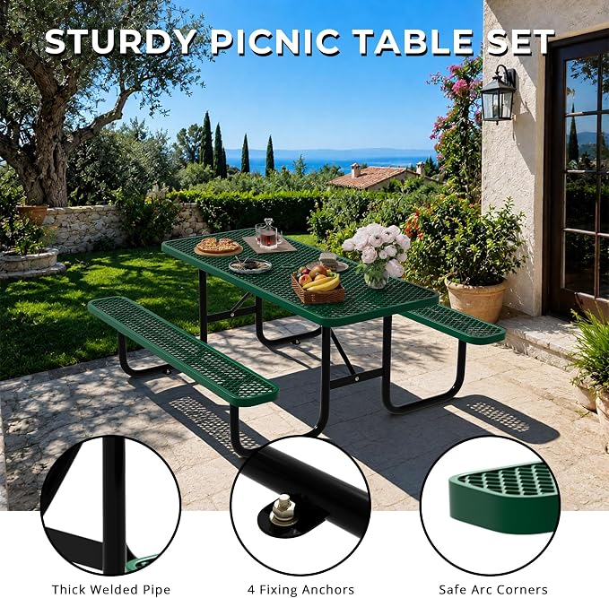 6FT Rectangular Steel Outdoor Picnic Table, Commercial Picnic Table Bench Set with Umbrella Hole, Weather-Resistant Heavy Duty School Dining Table for Stores, Park, Patio, Garden, Backyard, Green