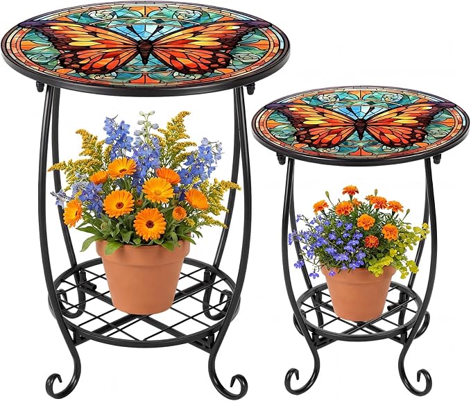 Cinnvoice 2 Pcs Outdoor Side Table Small Patio Round Mosaic Accent End Table Indoor Plant Metal Coffee Tea Tables for Patio Yard Porch Garden Living Room(12" and 16",Butterfly B Style)