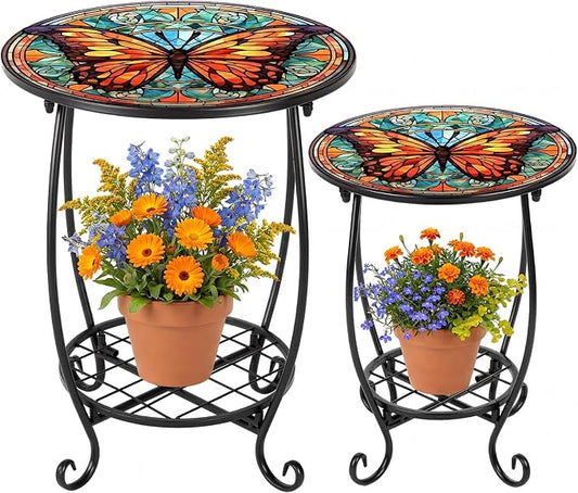 Cinnvoice 2 Pcs Outdoor Side Table Small Patio Round Mosaic Accent End Table Indoor Plant Metal Coffee Tea Tables for Patio Yard Porch Garden Living Room(12" and 16",Butterfly B Style)