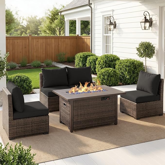 5 Pieces Patio Furniture Set with Fire Pit Table, Outdoor PE Rattan Sectional Sofa with Soft Cushions for Backyard, Porch, and Poolside (Black, 5 PCS w/Firepit)