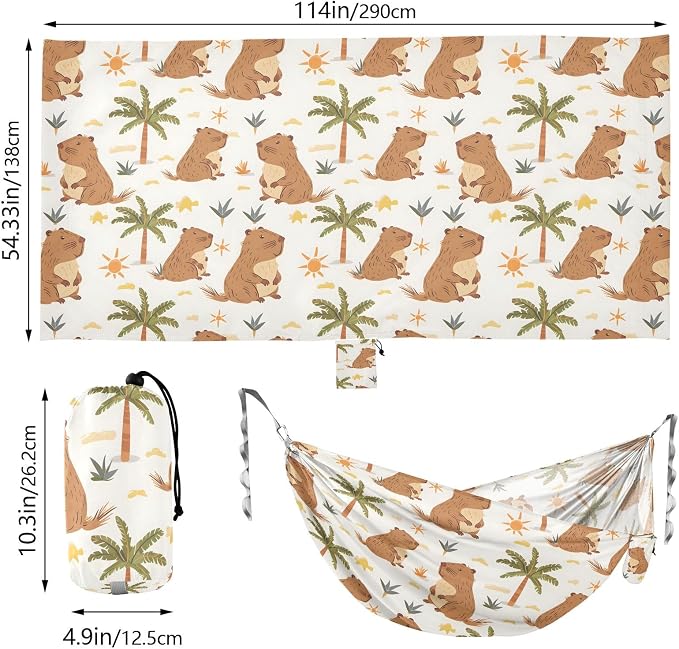 Camping Hammock Outdoor Hammocks for Outside Capybara Palm Tree Beach Trees Portable Lightweight with Pockets Tree Straps Indoor