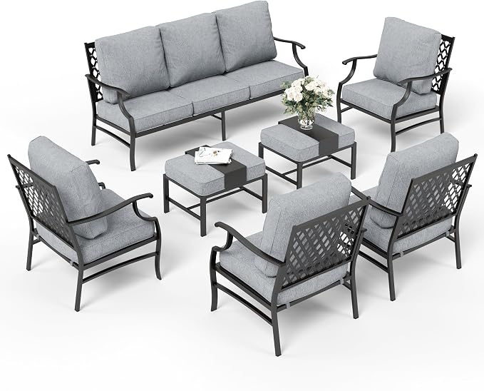SUNSHINE VALLEY 7 Piece Metal Outdoor Patio Furniture Set, Patio Conversation Sets 1 3-seater Sofa, 4 Fixed Chair, 2 Ottomans with 5.75" Thick Cushion, Black All-weather Frame Backyard Furniture, Gray