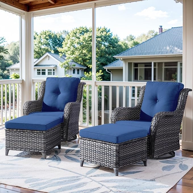 Belord Outdoor Swivel Chairs Set of 2,Patio Wicker Rocker Chairs with Ottomans, All Weather Patio Conversation Furniture Set, Ideal for Porch Balcony Deck Yard, Gray Wicker/Blue