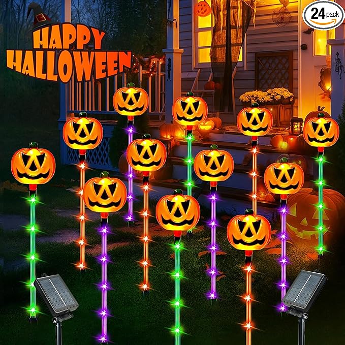 24 Pack Solar Pumpkin Lights Outdoor Waterproof for Halloween Decorations | 8 Modes Halloween Pathway Solar Lights, Orange Purple and Green, for Yard Garden Patio Holiday Party Decor