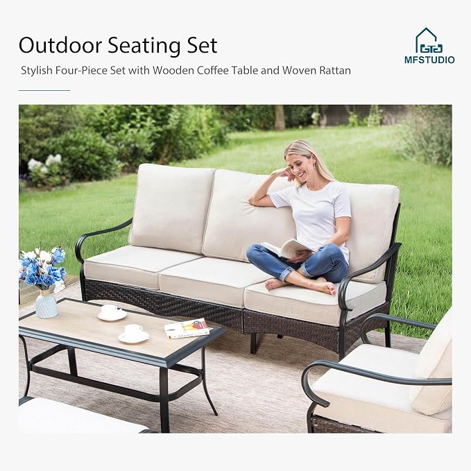 MFSTUDIO 7 PCS Outdoor Patio Furniture Set, Metal Outdoor Conversation Set, Rattan Wicker Patio Sectional with 2 x Fixed Single Sofa, 2 and 3-Seat Sofa, 2 x Ottoman, 1 x Coffee Table, Beige
