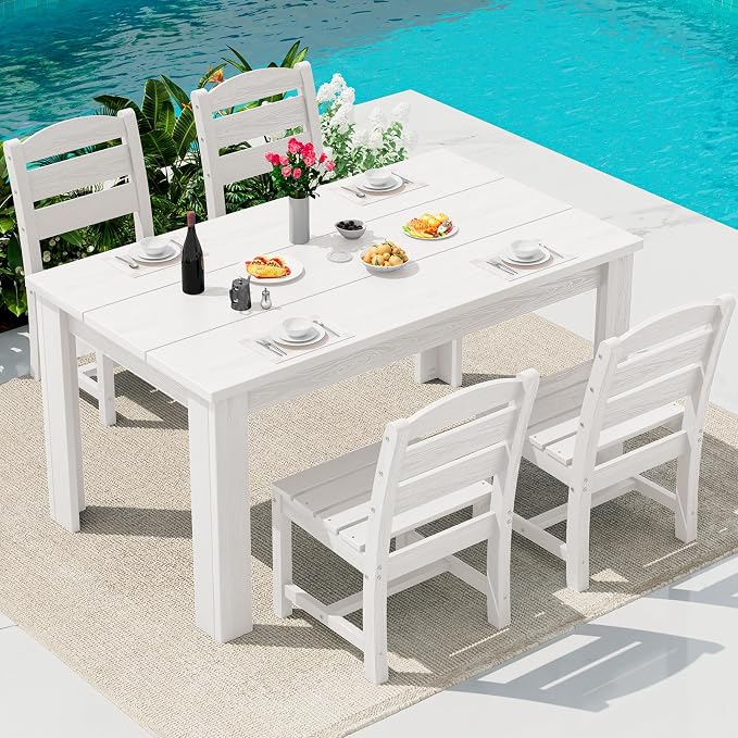 SERWALL 59" Patio Dining Set for 4, w/ 1 Table & 4 Armless Chairs, White | Armless Patio Dining Sets for All Weather Use