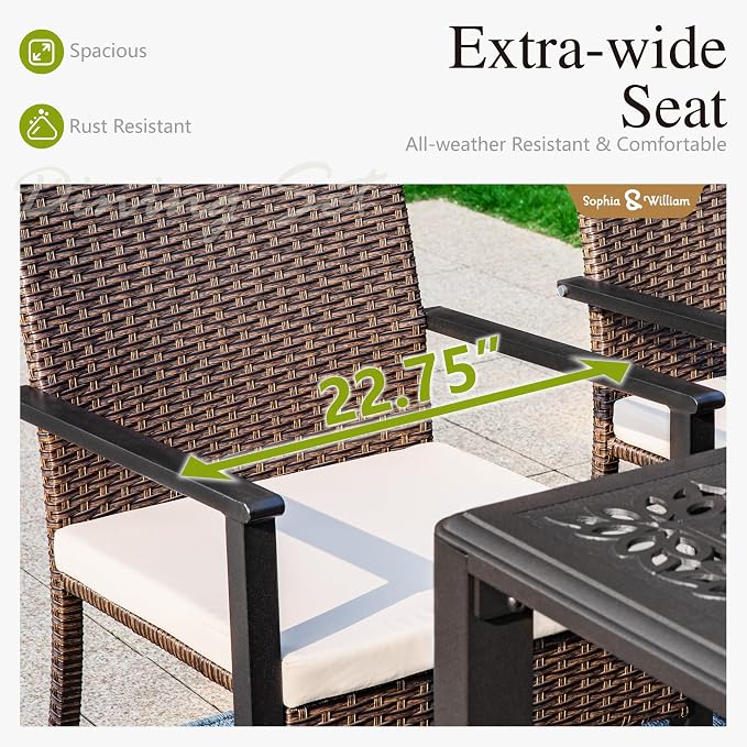 Sophia & William 7pc Patio Dining Set, Cast Aluminum Table, Wicker Chairs | Outdoor Dining Set for 6, Extendable Rectangular Cast Aluminum Patio Table, Perfect for backyard, deck, porch