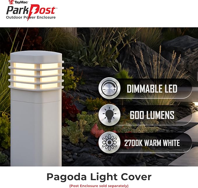 TayMac White Pagoda Light Slide Cover PPPLW for ParkPost Outdoor Power Enclosure (Required), 600-Lumen 2700K Polycarbonate Post Cap Light for Garden Decor, Seamless Pagoda Lighting Accessory