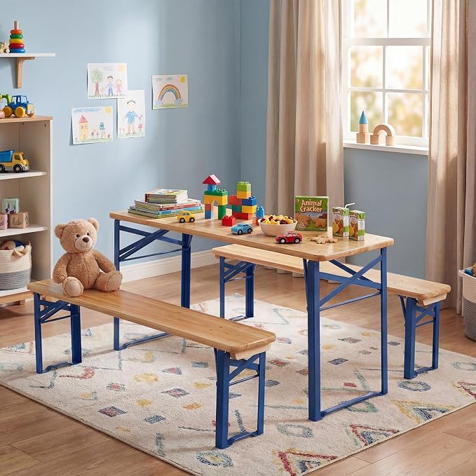Costzon Kids Picnic Table, 43.5 Inch Folding Picnic Table with 2 Benches, Fir Wood Top & Metal Frame, No Assembly 3-Piece Portable Kids Indoor/Outdoor Furniture for Patio Backyard Daycare (Navy Blue)