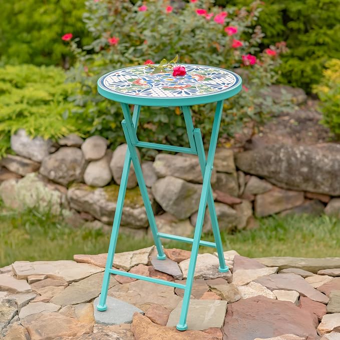 Zaer Ltd. Mosaic Tile Furniture with Teal Metal Frame and Patterned Tile Tops (Baton Rouge - Teal/Blue/Green, Folding Accent Table)