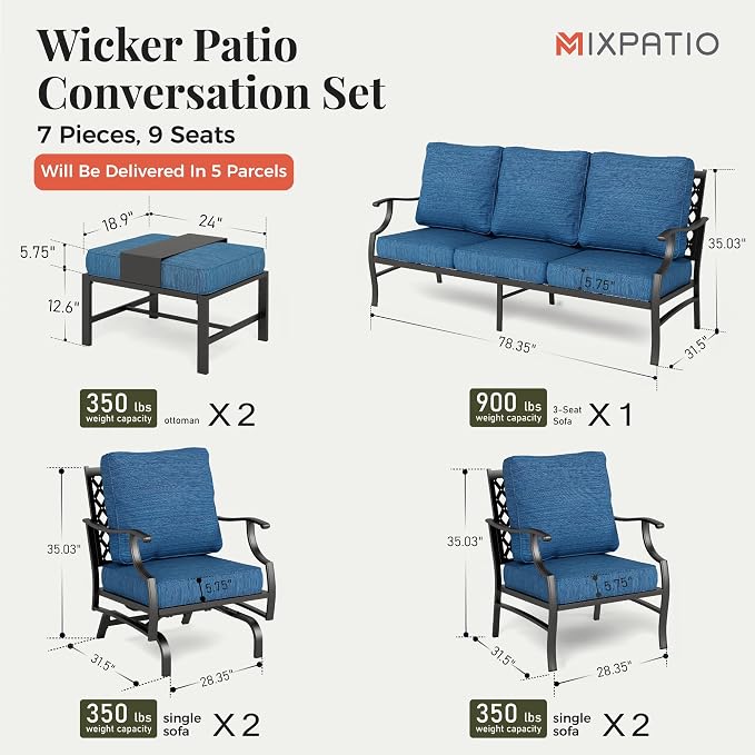 MIXPATIO Patio Furniture Set 7 pcs, Outdoor Patio Furniture, 3-Seat Sofa, 2 Single Chairs, 2 Rocking Chairs, 2 Ottomans and 5.75" Extra Thick Cushion, Conversation Set for Deck,Gemstone Blue