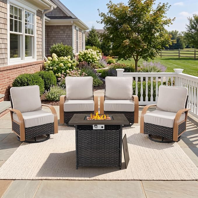Belord 5 Piece Patio Furniture Set with Fire Pit Table, 4 Outdoor Swivel Chairs All Weather Conversation Set with 6-Inch Thick Cushions, Wicker Furniture for Deck Proch Pool Yard, Wood & Beige