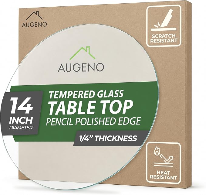 14 inch Round 1/4" Thick Pencil Polished Edge Glass Table Top with 6 Bumpers - Tempered, Scratch Resistant & Safety Replacement Glass Designed for Dining, Coffee, Patio & End Tables
