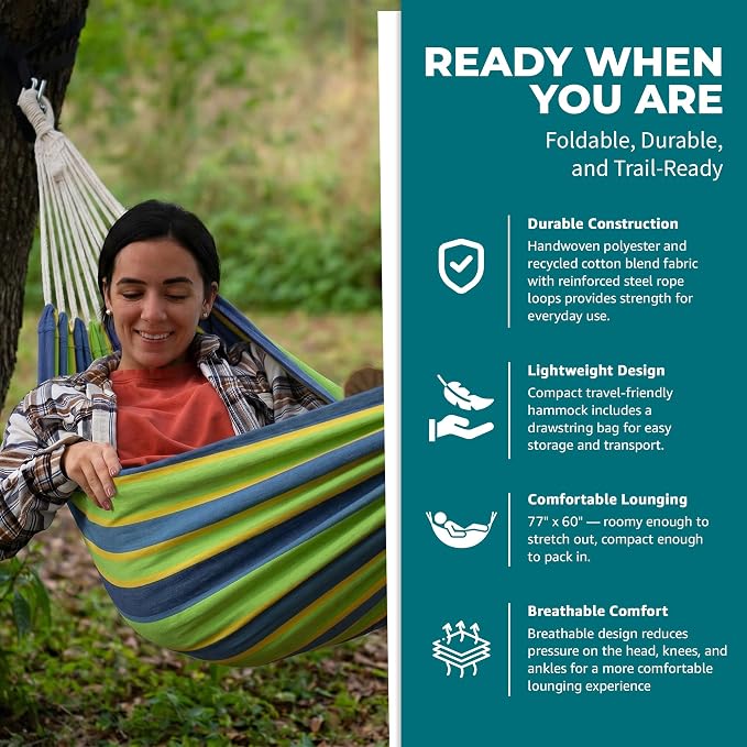 Bliss Hammocks 60" W Double Outdoor Hammock with Hand-Woven Rope Loops & Tree Straps, Patio, Durable, Cotton/Polyester, 265 Lbs Capacity, Mediterranean Stripe