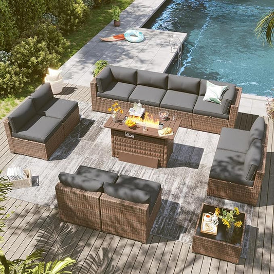 LazySunsets 12 Piece Outdoor Patio Furniture Set with 44'' Fire Pit Table, Outdoor Patio Furniture Sets with 4'' Thicken Cushion, Wicker Rattan Outdoor Conversation Set for Backyard, Grey