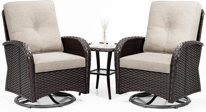 Joyside Outdoor Swivel Rocker Chairs, 3 Piece Wicker Patio Set with Thickened Cushions, High Back, Deep Seating, Wide Armrest, Outdoor Swivel Chairs for Porch, Deck