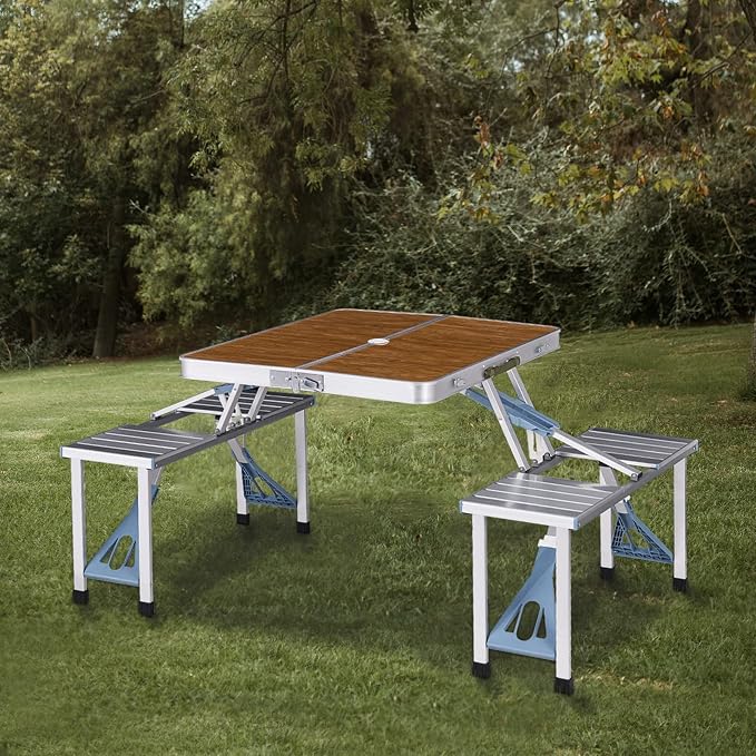 Panda Eye Folding Picnic Table with Seats Chairs and Umbrella Hole, Portable 4-Person Fold Up Travel Picnic Table for Indoor Outdoor Travel, Camping,BBQ,Party,Bamboo+ Aluminum Alloy (Silver)