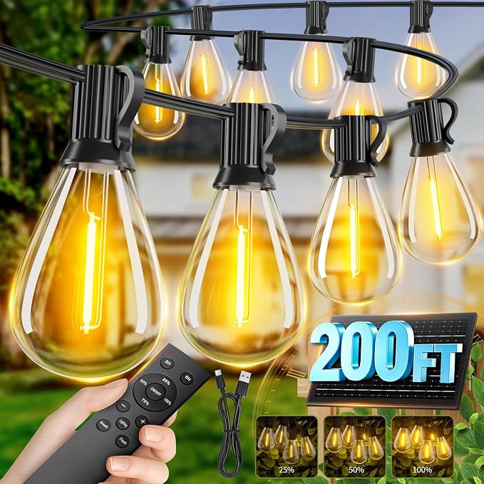 200FT Solar String Lights Outdoor Waterproof, 72+2 LED Solar Powered Lights with Remote Control, 3 Light Modes & Dimmable, USB-C Charging for Patio, Backyard, Garden, Camping