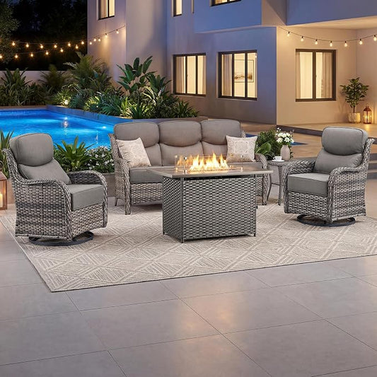 Luxury Patio Furniture Set with 6-inch Thick Cushion, Outdoor Furniture with Fire Pit Table, Swivel Chairs, Side Table, Sofa, 5pcs Wicker Conversation Set for Deck Yard(Grey Wicker/Grey Cushion)