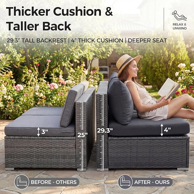 NICESOUL 9 Piece Outdoor Patio Sectional Furniture Sofa Set with Fire Pit Natural Gas Propane, 29.3'' High Back Modern Large Size Wicker Conversations with Fireplace for Backyard, Deep Seats Gray